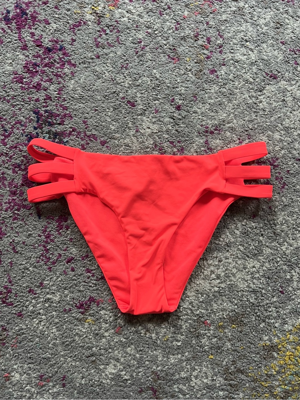 La Vie En Rose Neon Coral Strappy Bikini Bottom, Size Small